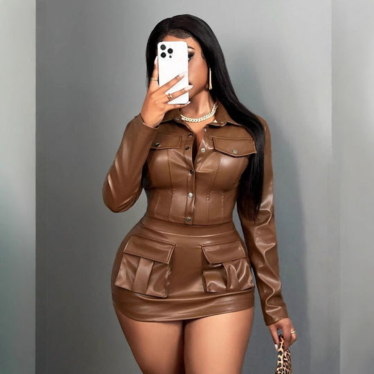 Damen Kunstleder Minikleid mit praktischen Klappentaschen R&B