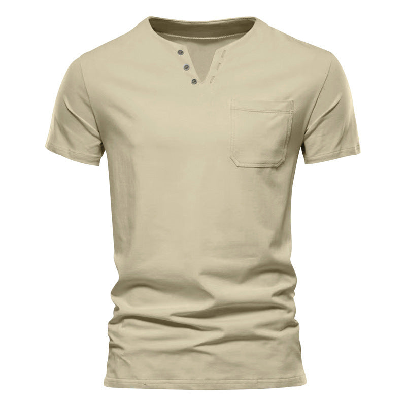 Herren nan tailliertes Kurzarm-Henleyshirt mit Brusttasche und asymmetrischer Knopfleiste R&B