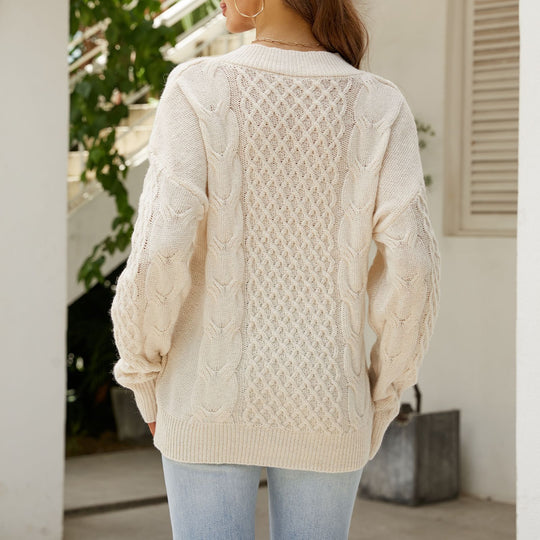 Damen Großer Strickpullover mit V-Ausschnitt und ausgefallenem Zopfmuster R&B