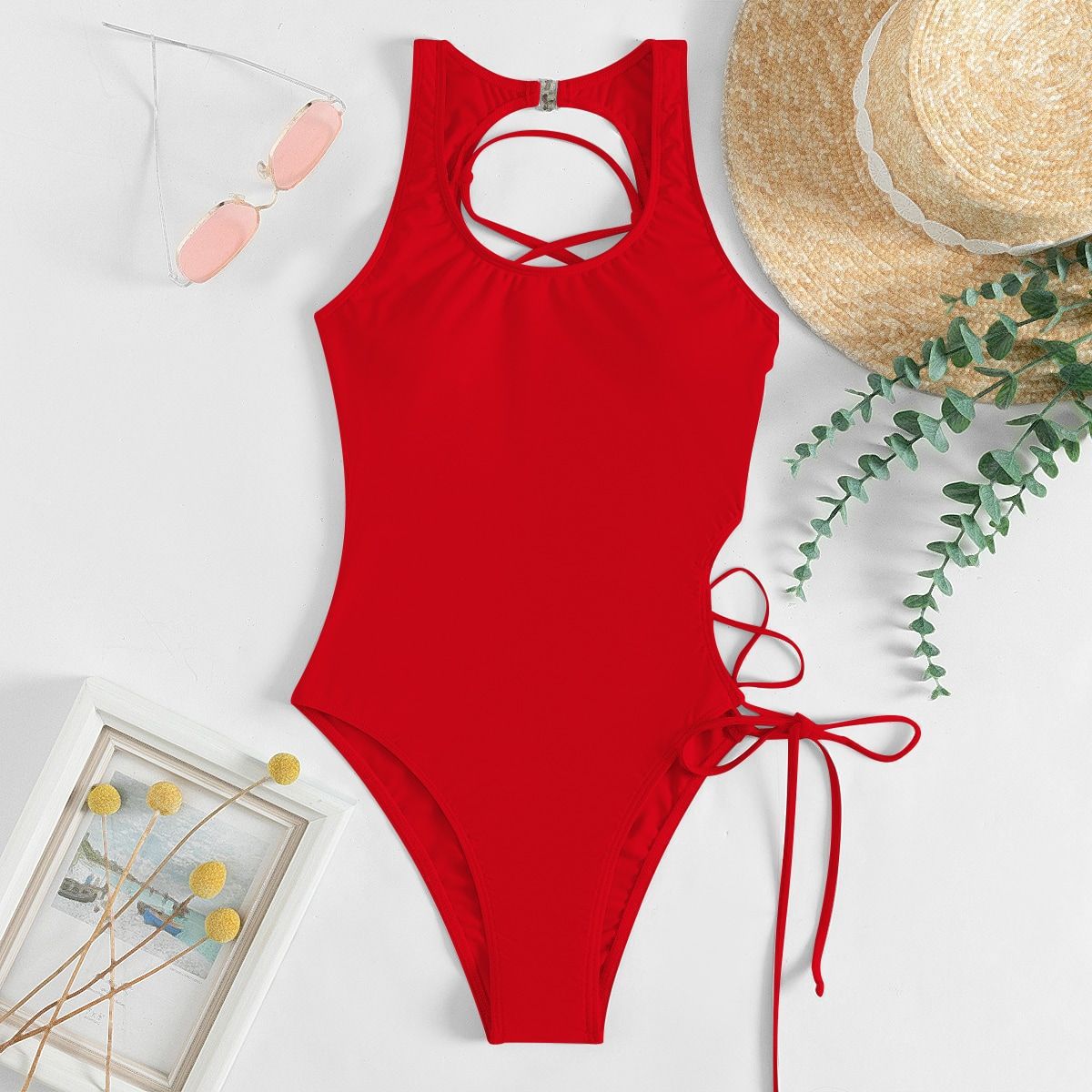 Damen Hochgeschnittener Badeanzug mit raffiniertem Schnürdesign R&B