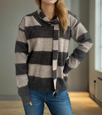 Damen lässiger Strickpullover mit modernem Streifenmuster und dekorativem Schal R&B