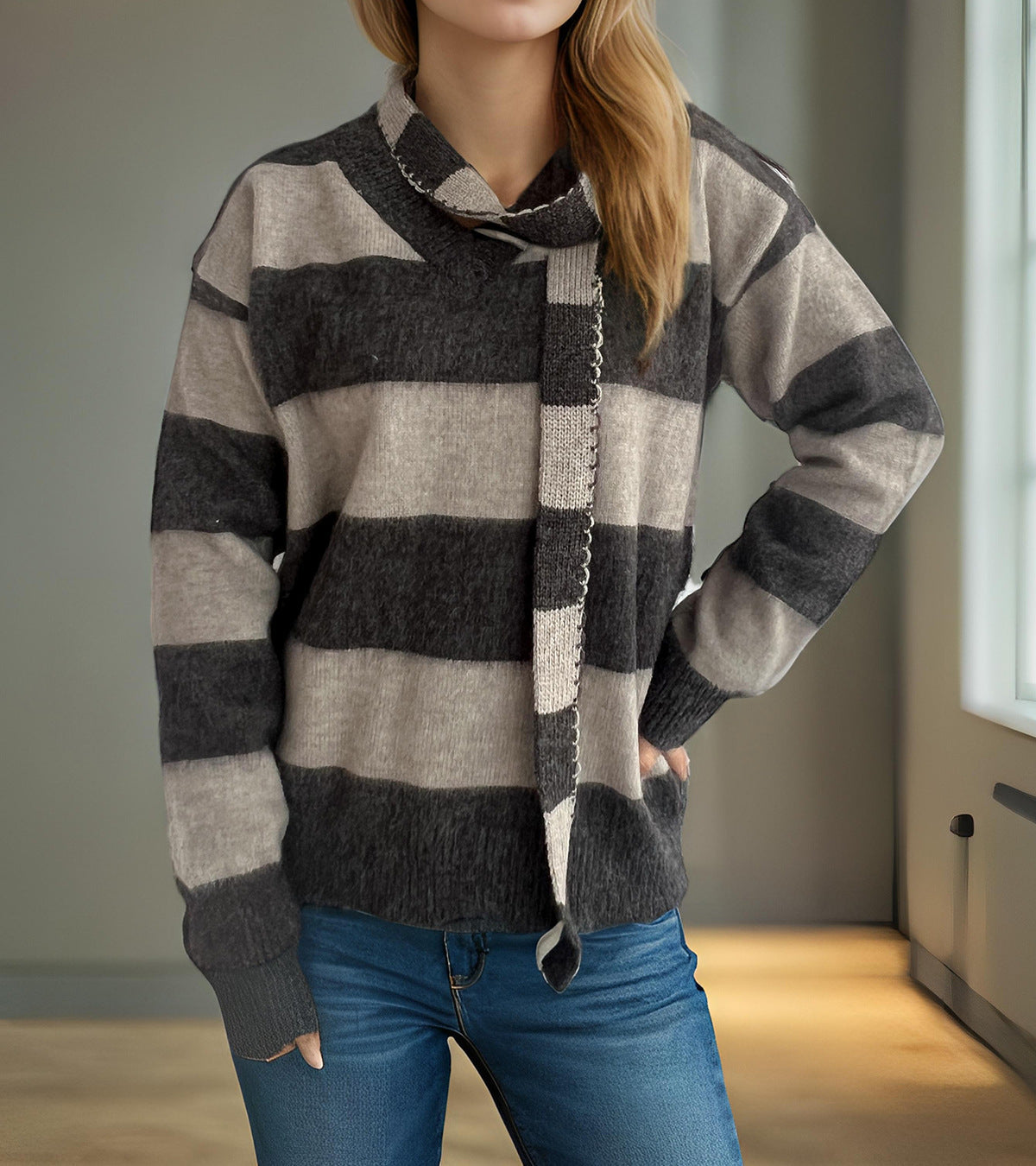 Damen lässiger Strickpullover mit modernem Streifenmuster und dekorativem Schal R&B