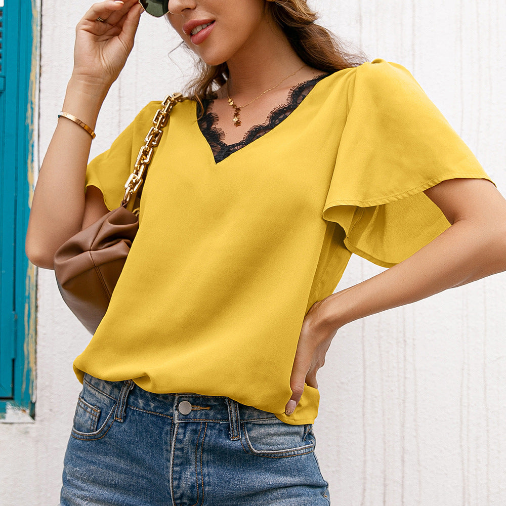 Damen elegantes Oberteil mit Spitzenbesatz und V-Ausschnitt R&B