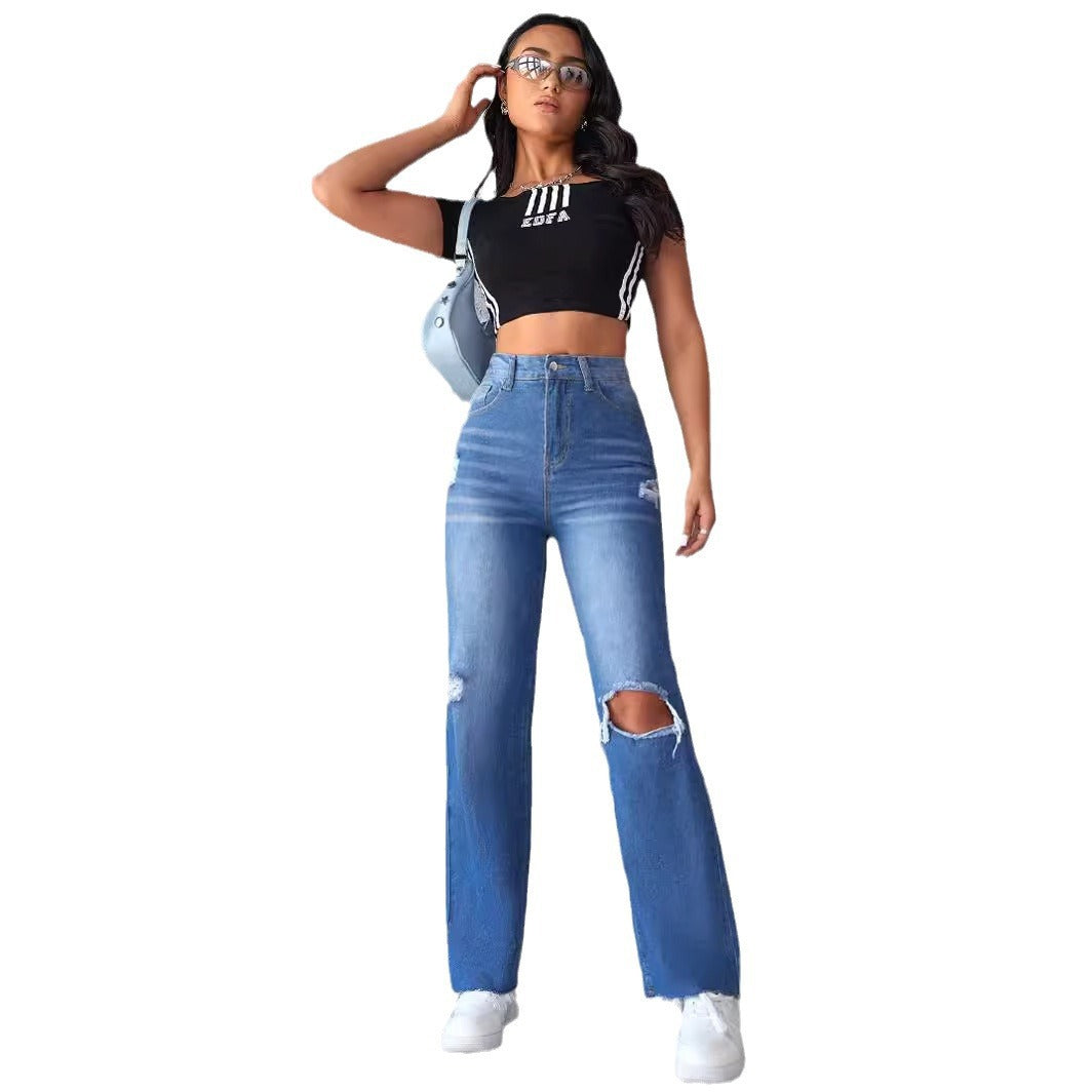 Damen Schlagjeans mit hohen Beinöffnungen und modischen Destroyed-Details R&B