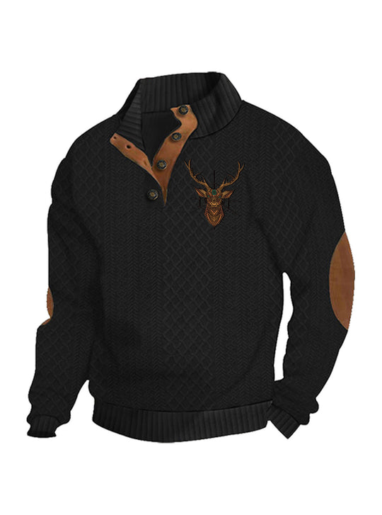 Herren nan Heritage-Strukturpullover mit Stehkragen Lederimitat-Besatz Ellenbogen-Patches und Halbknopfleiste R&B