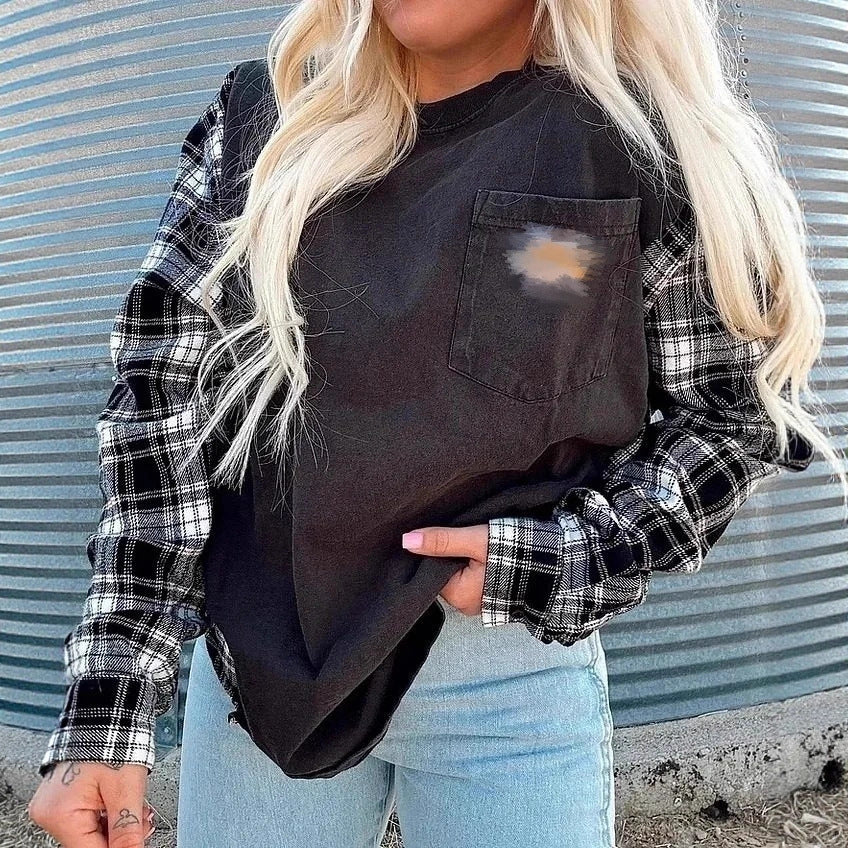 Damen nan Oversize-Sweatshirt im Materialmix mit Karoärmeln und aufgesetzter Brusttasche R&B