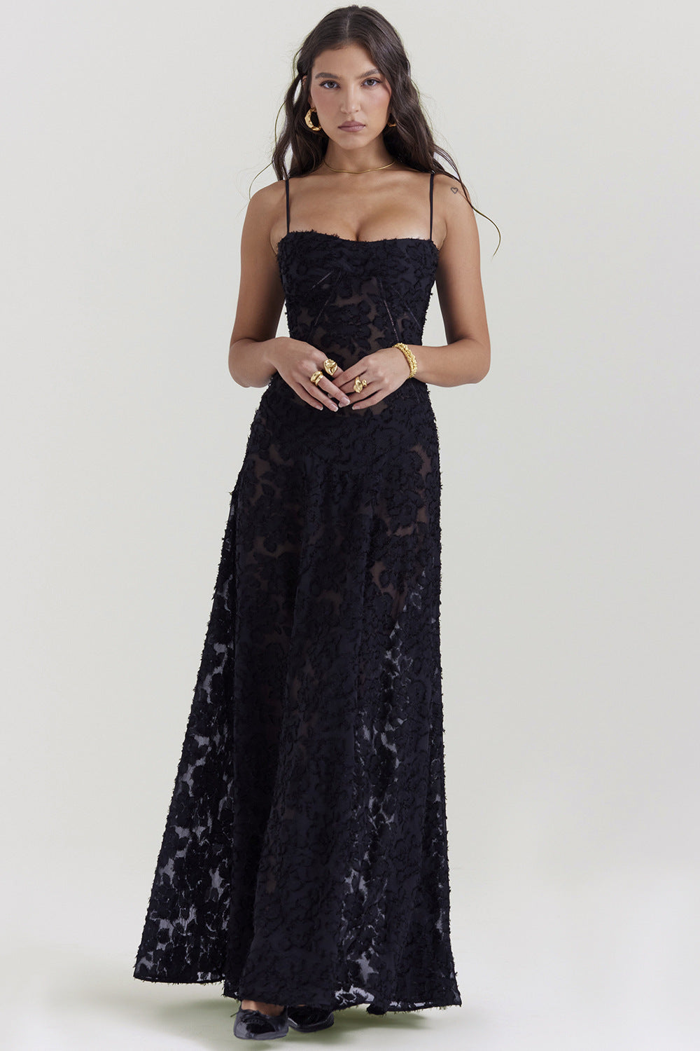 Damen Elegantes Maxikleid mit floralem Häkelmuster und raffiniertem Schnitt R&B