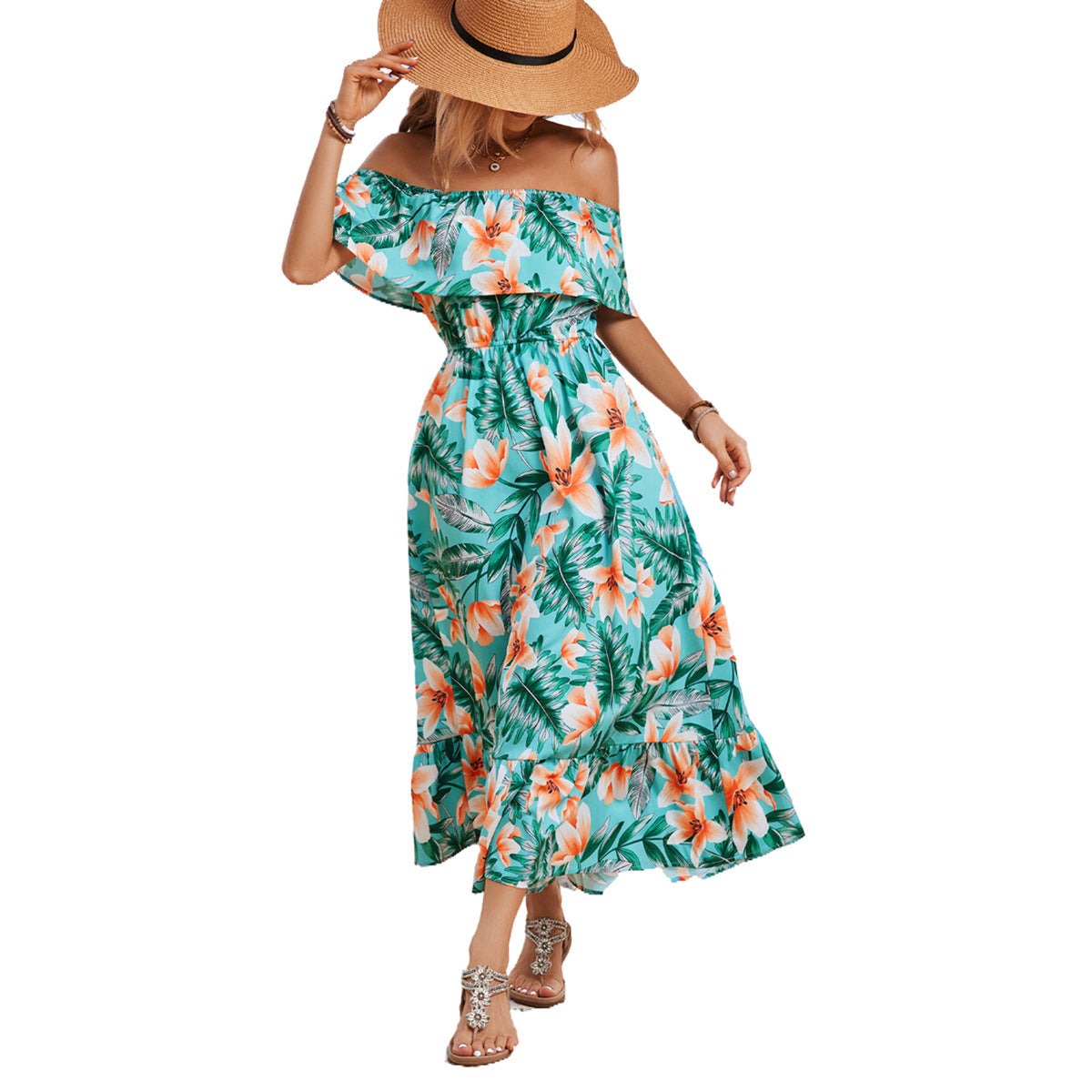 Damen Off-Shoulder Maxikleid mit floralem Design und elastischem Taillenbund R&B