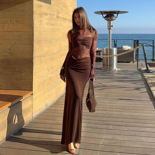 Damen Hochwertiges Maxikleid mit transparenten Langarmen R&B