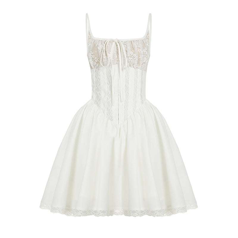 Damen luftiges Sommerkleid mit romantischem Spitzenoberteil und schwingendem Rock R&B