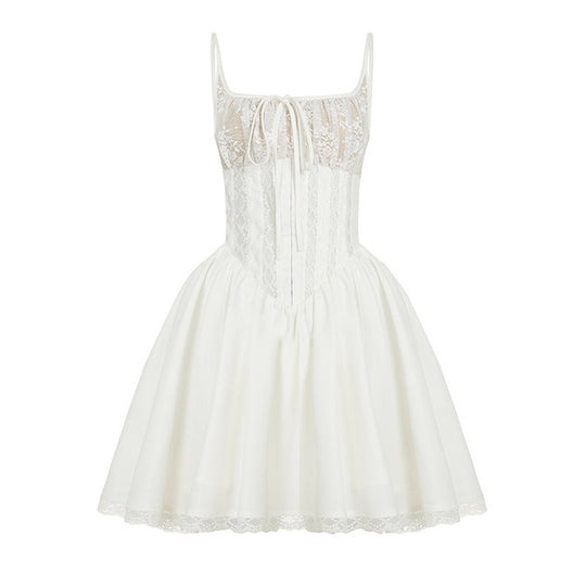 Damen luftiges Sommerkleid mit romantischem Spitzenoberteil und schwingendem Rock R&B