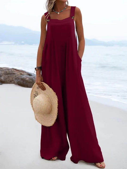 Damen luftiger Jumpsuit mit praktischen Taschen und verstellbaren Trägern R&B
