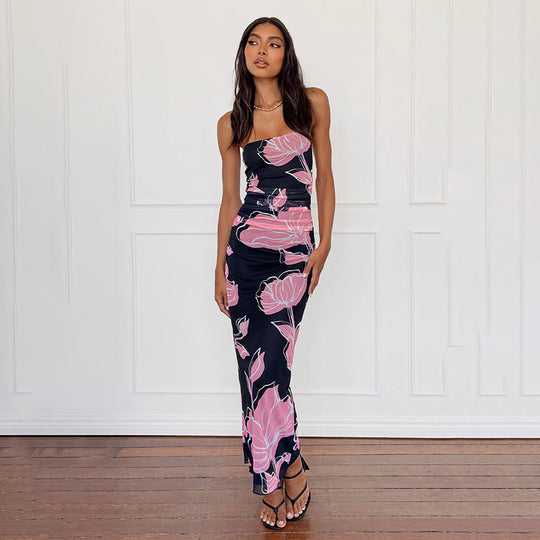 Damen elegantes schulterfreies Maxikleid mit floralem Design R&B