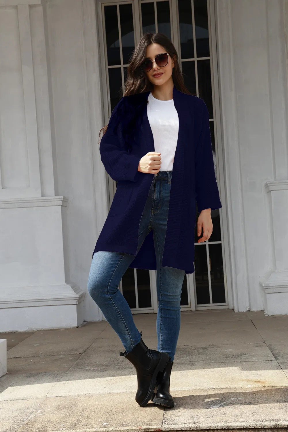 Damen lässiger Strickcardigan mit praktischen Taschen und offener Front R&B