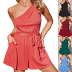 Damen Einseitiger Jumpsuit mit Gürtel und Taschen R&B