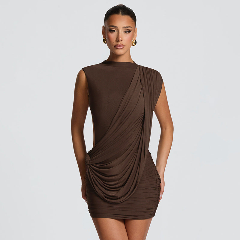 Damen figurbetontes Minikleid mit drapierter Schulterpartie und Raffungen R&B