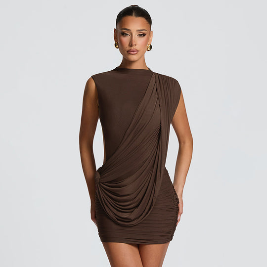 Damen figurbetontes Minikleid mit drapierter Schulterpartie und Raffungen R&B