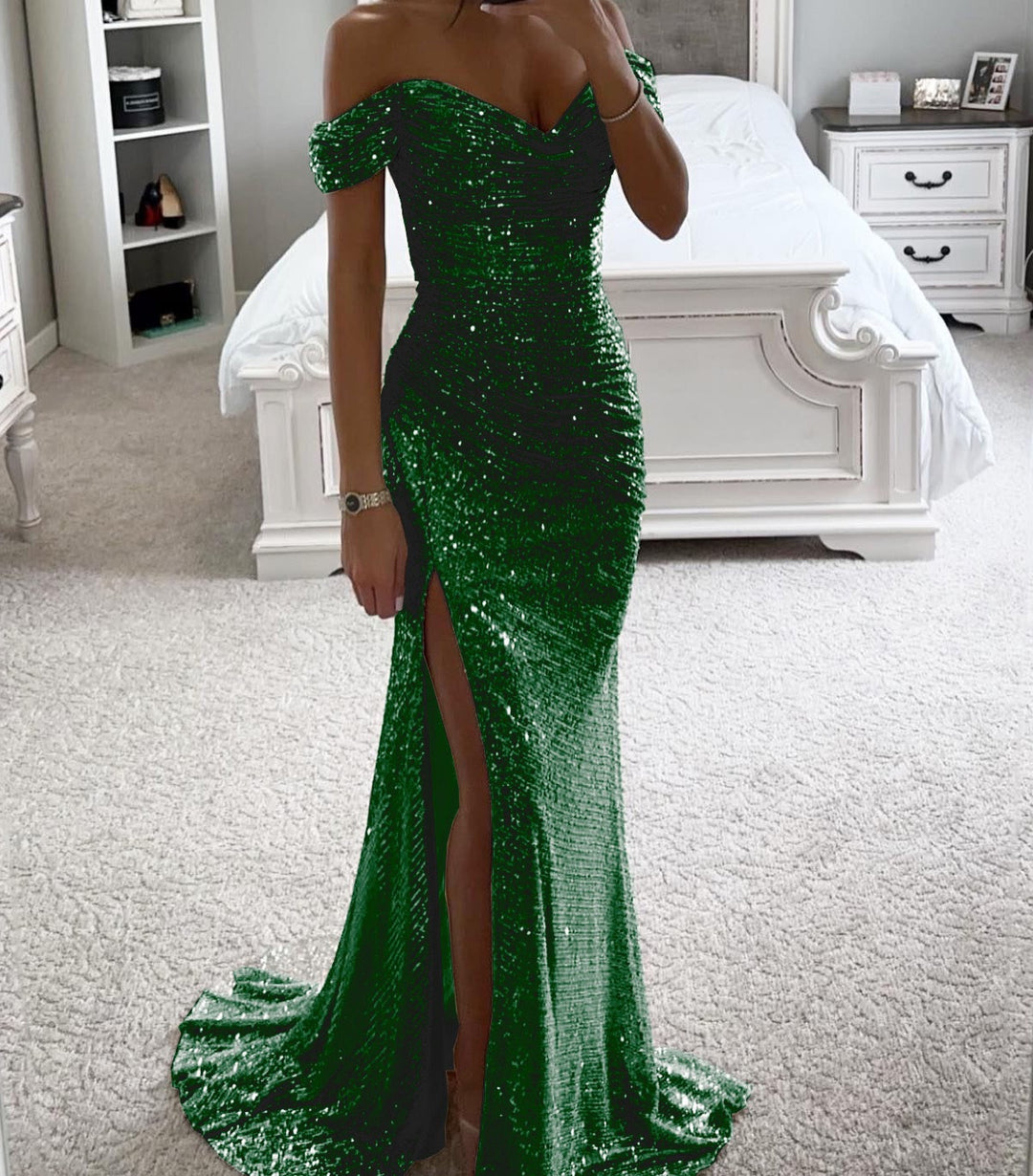 Damen Glamouröses Abendkleid mit schulterfreiem Schnitt und schimmerndem Stoff R&B