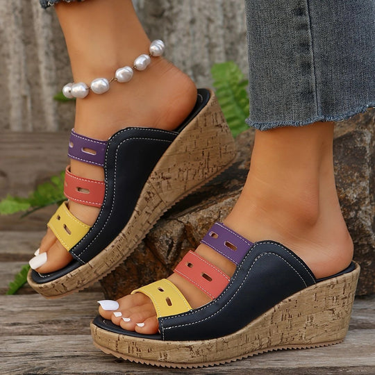 Damen Wedge-Pantoletten mit buntem Riemendesign und Korksohle R&B
