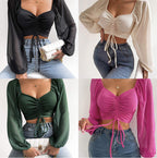 Damen Crop-Top mit strukturiertem Körper und eleganten Puffärmeln R&B