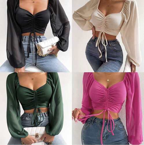 Damen Crop-Top mit strukturiertem Körper und eleganten Puffärmeln R&B