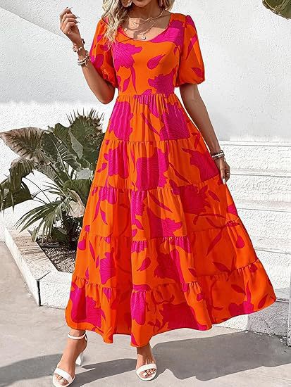 Damen Maxi-Kleid mit floralem Design und voluminösem Rock R&B