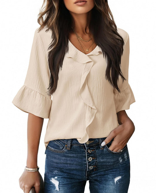 Damen Luftiges Blusenshirt mit Rüschendetails und V-Ausschnitt R&B