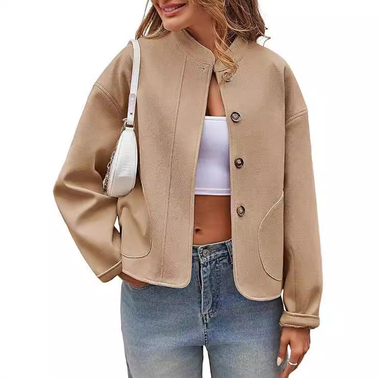 Damen modische Oversized-Jacke mit Knöpfen und seitlichen Taschen R&B