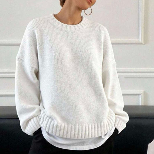 Damen lässiger und oversized Strickpullover mit Rundhalsausschnitt R&B