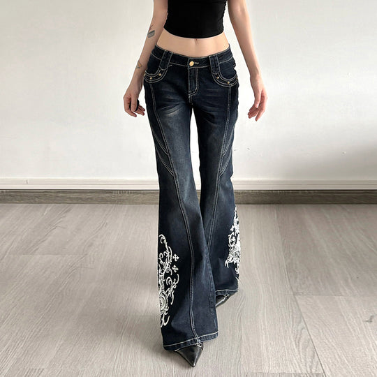 Damen Jeans mit ausgestelltem Bein und eleganter Stickerei R&B