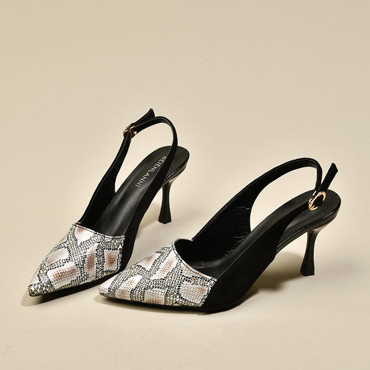 Damen Slingback Pumps mit eleganter Spitze und modischem Schlangenleder-Muster R&B