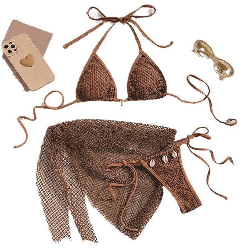 Damen Netz-Bikini-Set mit dekorativem Überwurf und verstellbaren Trägern R&B
