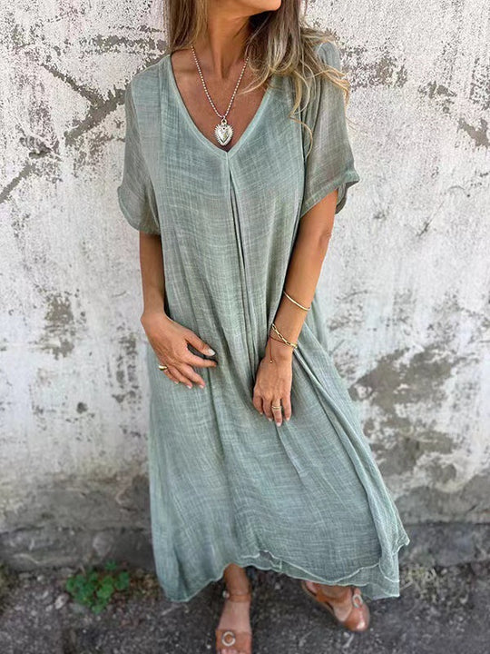 Damen lässiges Langarmkleid mit elegantem V-Ausschnitt und fließendem Design R&B