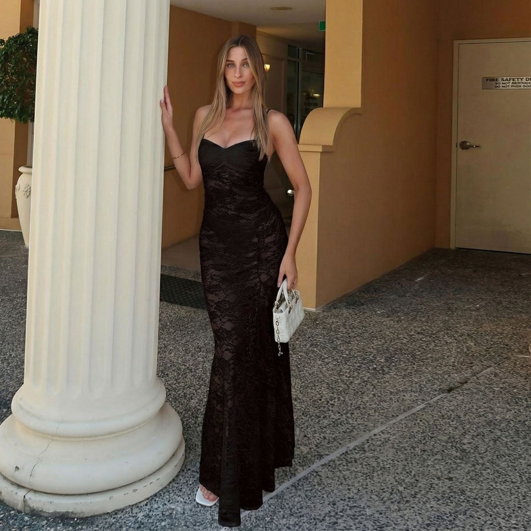 Damen sexy Spitzen Maxi-Kleid mit verstellbaren Trägern und Herzen-Ausschnitt R&B