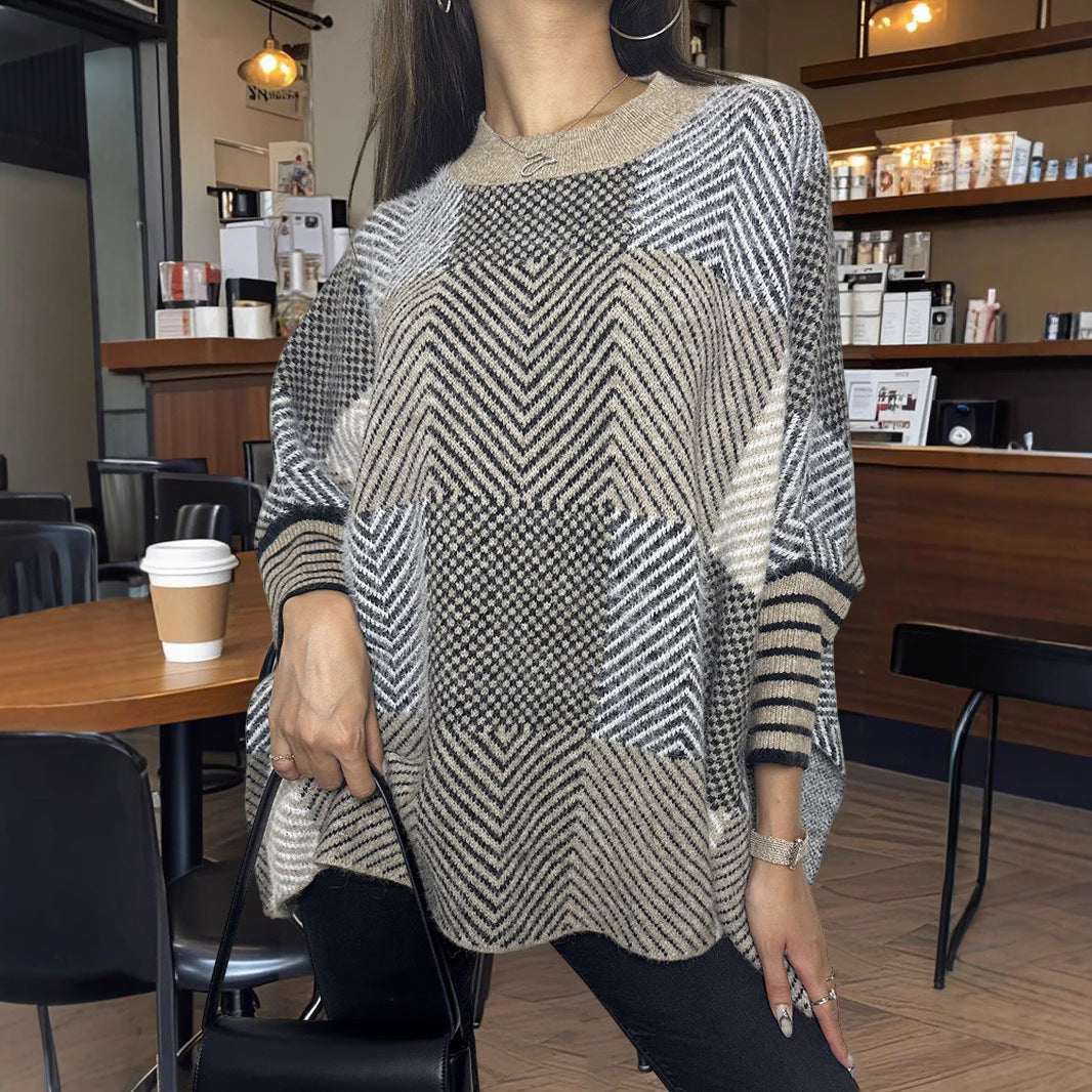 Damen asymmetrischer Strickpullover mit Zickzackmuster R&B