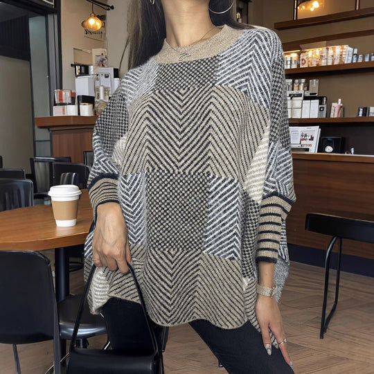 Damen asymmetrischer Strickpullover mit Zickzackmuster R&B