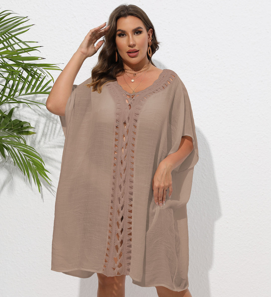 Damen Luftiger Strandkimono mit dekorativer Häkelspitze R&B