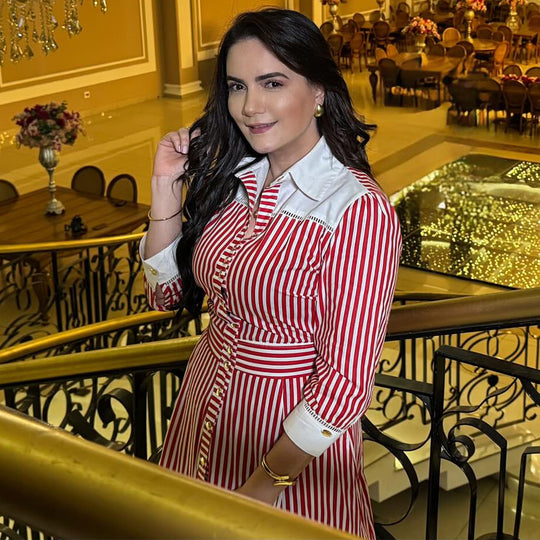 Damen Maxikleid mit eleganten Streifen und Hemdblusenkragen R&B