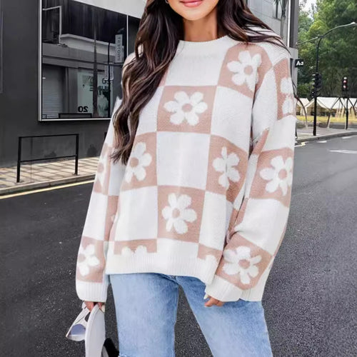 Damen Oversized Strickpullover mit floralem Muster und lässigem Schnitt R&B
