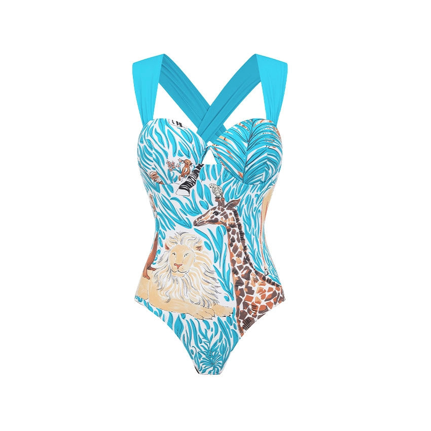 Damen Einteiler Badeanzug mit tierischem Print und eleganter Taillierung R&B
