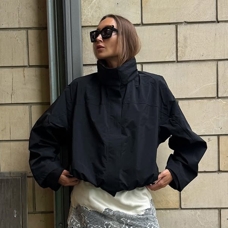 Damen lässige oversized Jacke mit hohem Kragen und verstellbarem Verschluss R&B