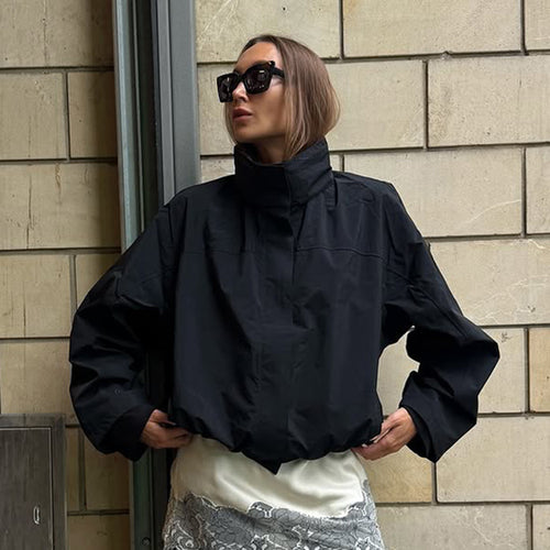 Damen lässige oversized Jacke mit hohem Kragen und verstellbarem Verschluss R&B