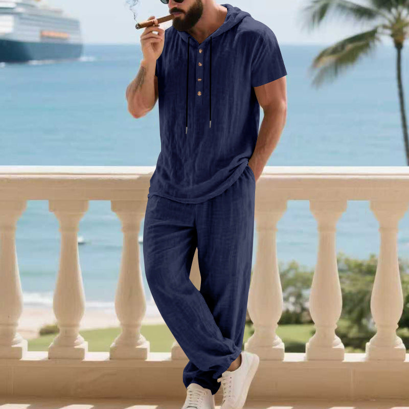 Herren komfortables Freizeit-Set mit modischem Henley-Oberteil und lockeren Hosen R&B