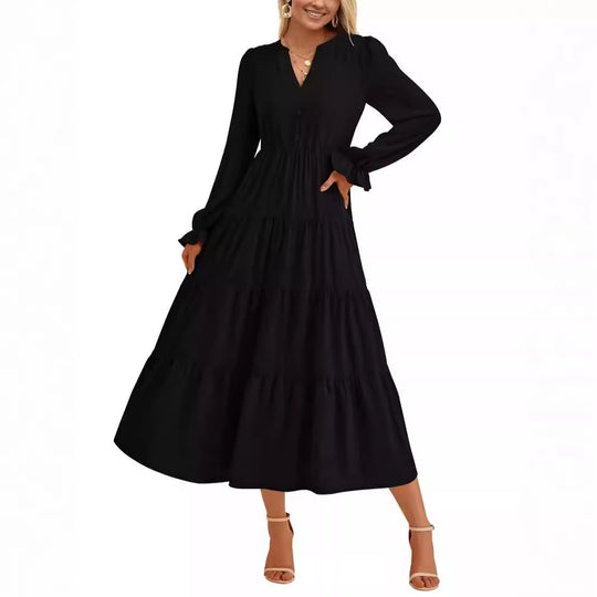 Damen Maxikleid mit romantischen Rüschendetails und elegantem V-Ausschnitt R&B