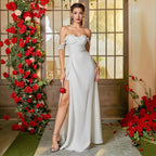 Damen Elegantes Abendkleid mit schulterfreien Ärmeln und hohem Beinschlitz R&B