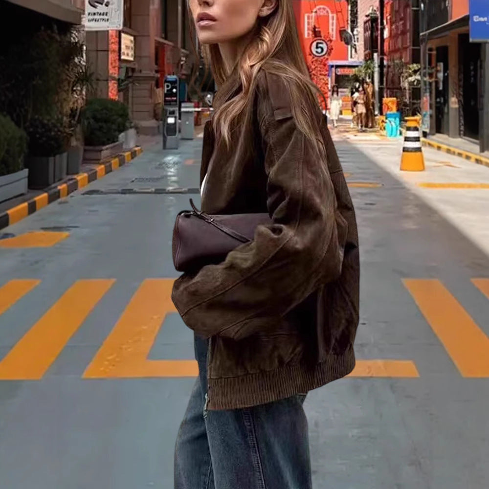 Damen Modische Kunstlederjacke mit lässigem Schnitt und praktischen Taschen R&B