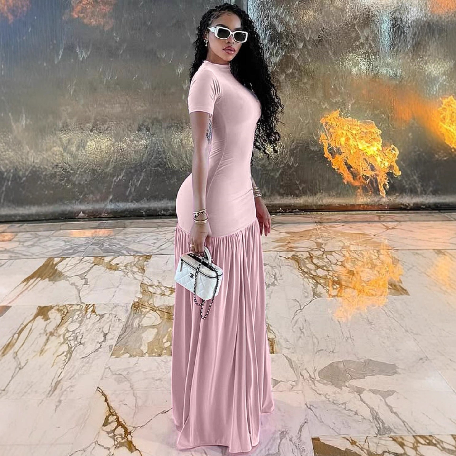Damen Maxi-Kleid mit elegantem halblangen Ärmel und voluminösem Rock R&B