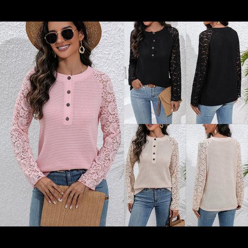 Damen Spitze Langarmshirt mit Knopfdetails und strukturierter Vorderseite R&B