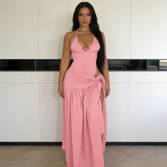 Damen Elegantes Bodenkleid mit Wickeldesign und Raffungen R&B