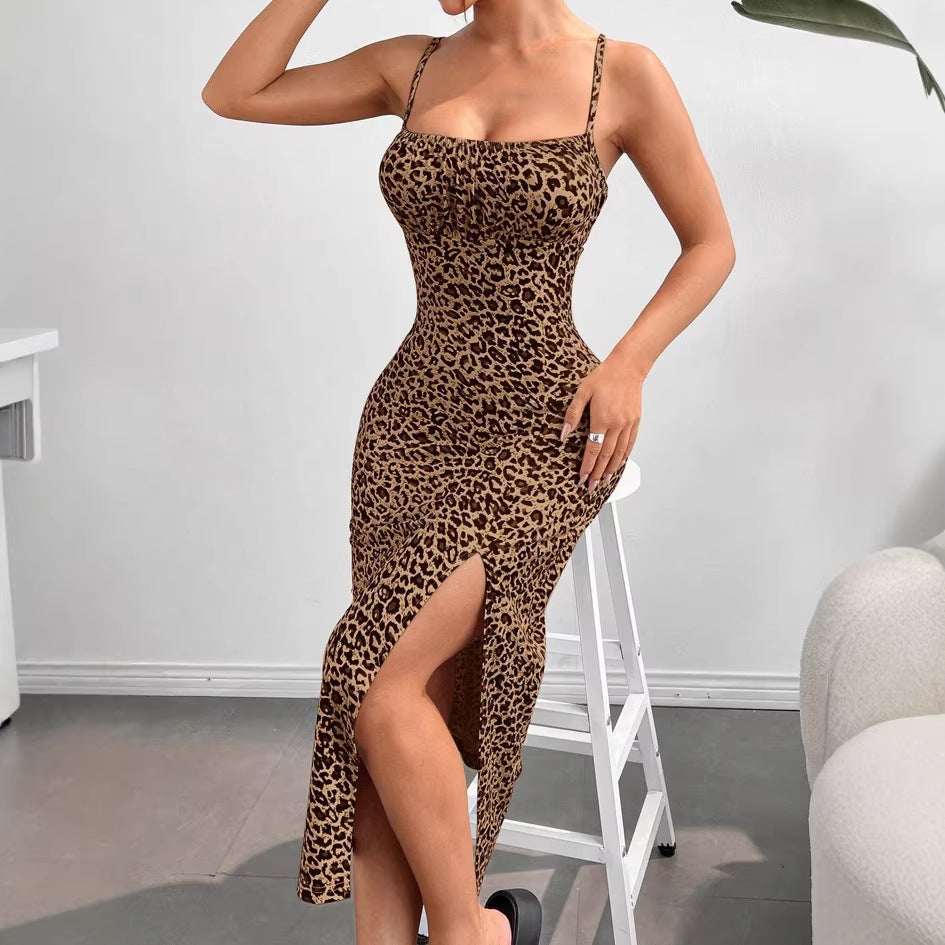 Damen figurbetontes Maxikleid mit elegantem Schlitz und schmalen Spaghetti-Trägern R&B